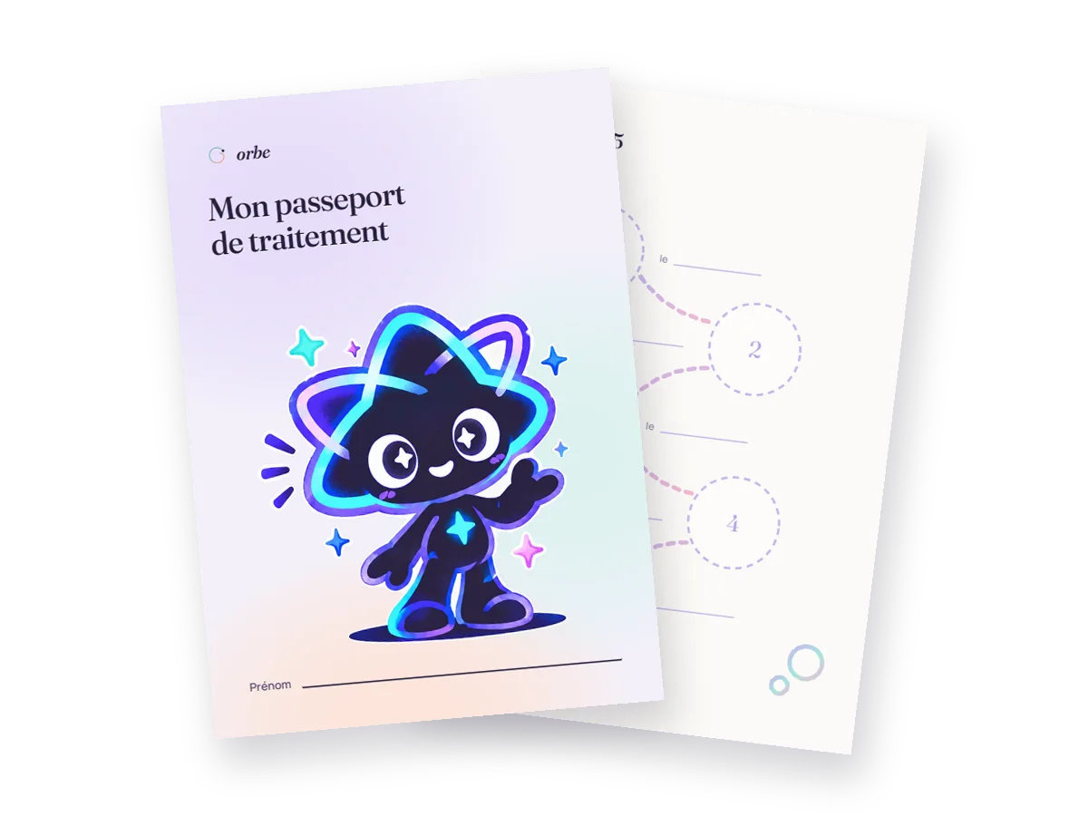 Le passeport de traitement : sa couverture avec la mascotte, et la page des séances 1 à 5